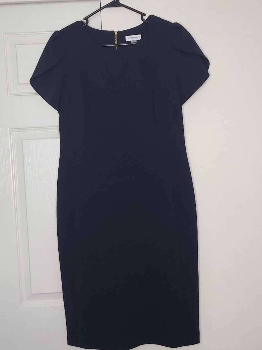 Calvin Klein Navy Blue Sheath Dress Size 14 Cap Sleeve Gold Zipper Career Office